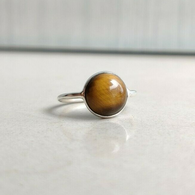 Round Tiger Eye 925 Silver Band Bezel Handmade All Size Brown Gemstone Ring