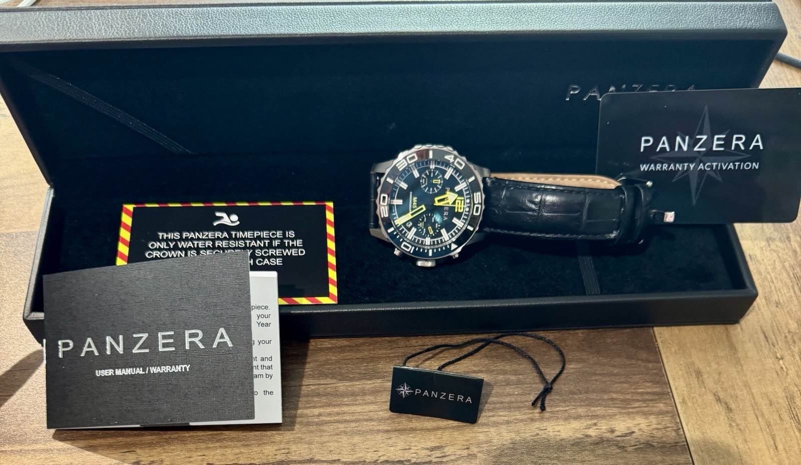 Panzera M45 Chronograph Men’s 45mm Quartz Black Dial Black leather Strap 300m