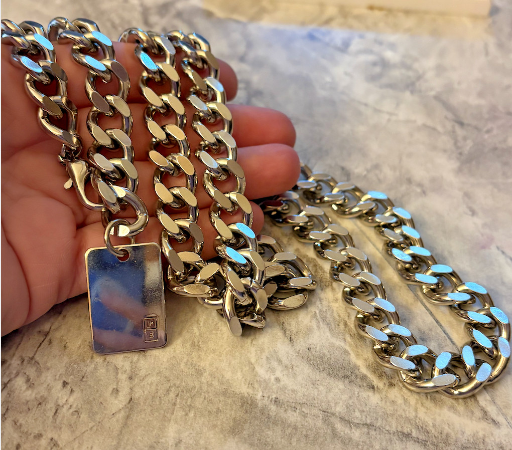 Chunky Miami Cuban Link 40 in Chain Stainless Steel w P E Engraved ID Tag