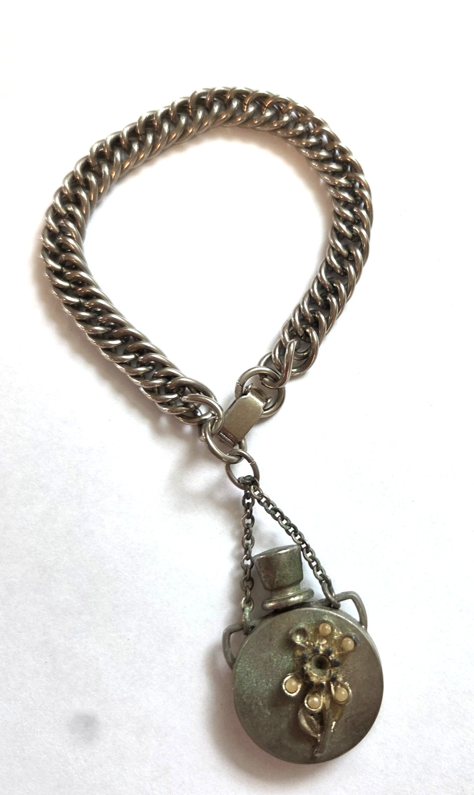 VTG Silver Tone Perfume Bottle Pendant Rhinestone & Faux Pearl Flower READ
