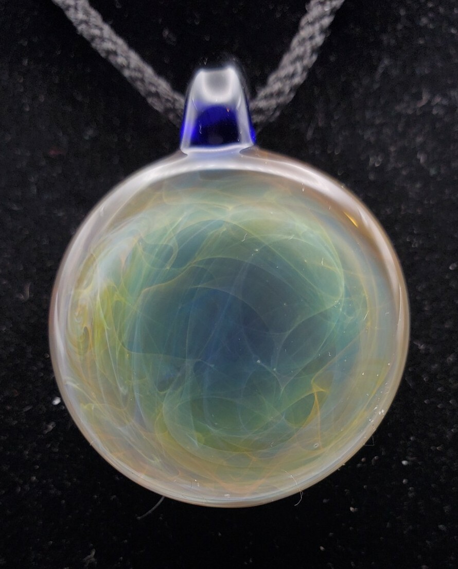 Borosilicate Chaos Pendant, amber purple blue green chaos fume, cobalt blue bail