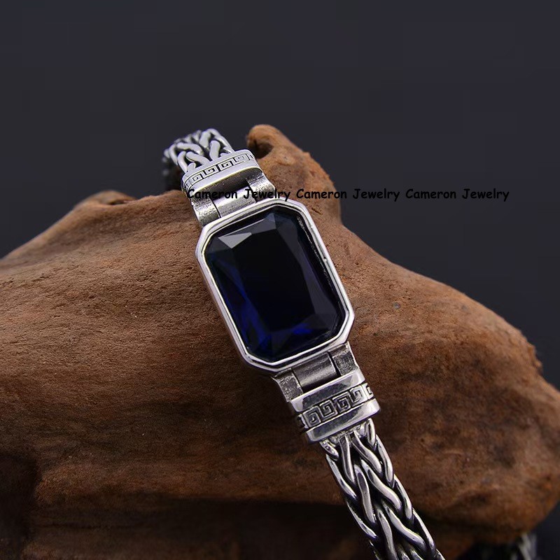 Pure S925 Sterling Silver Braided Wheat Bracelet With Blue Sapphire 7.1-8.7inch