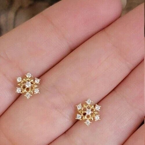 Snowflake 1Ct Round Created Diamond Dainty Stud Earrings 14K Yellow Gold Plated