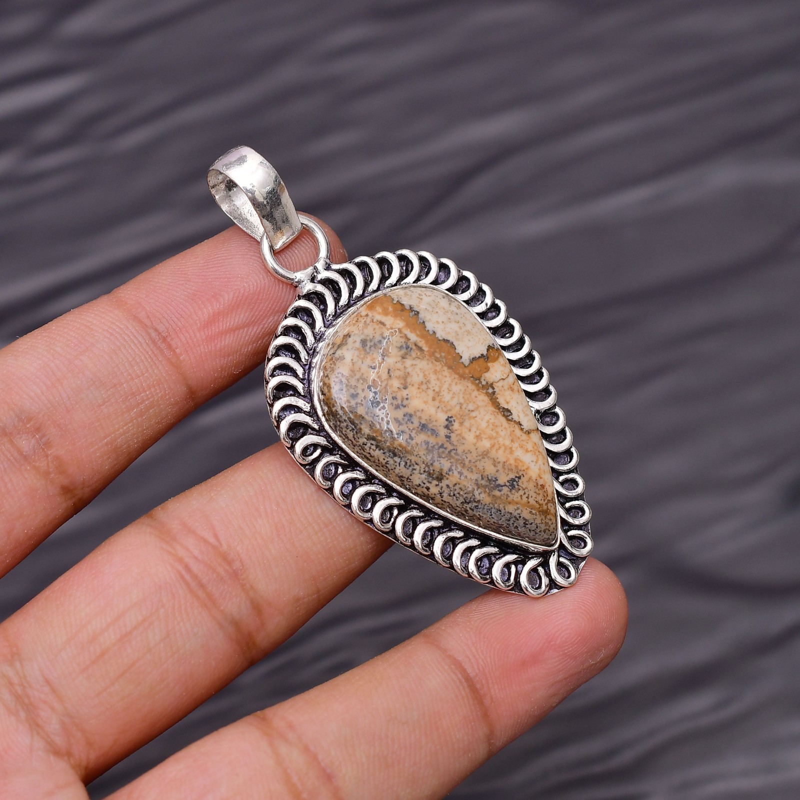 Picture Jasper Gemstone 925 Sterling Silver Jewelry Pendant 2.24″