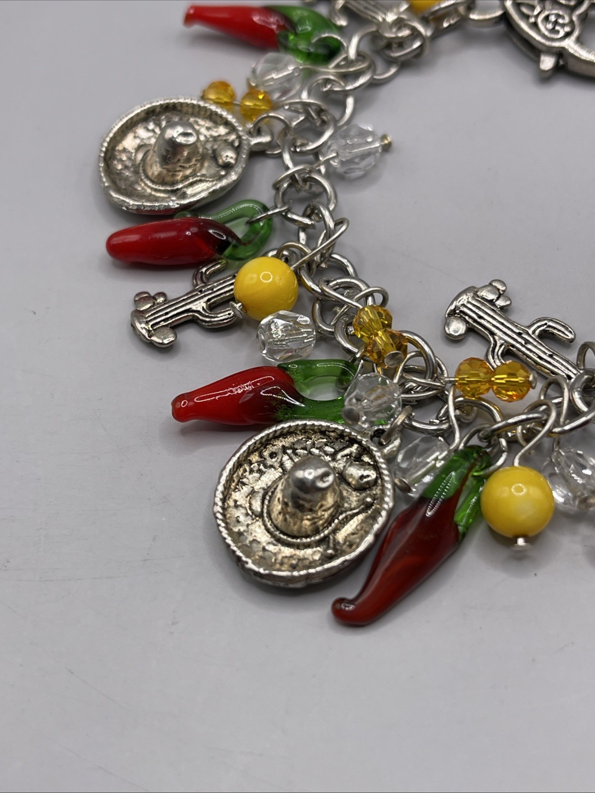 Charm Bracelet Jewelry Woman Glass Hot Papper Chili Cactus Sombrero Silver Tone