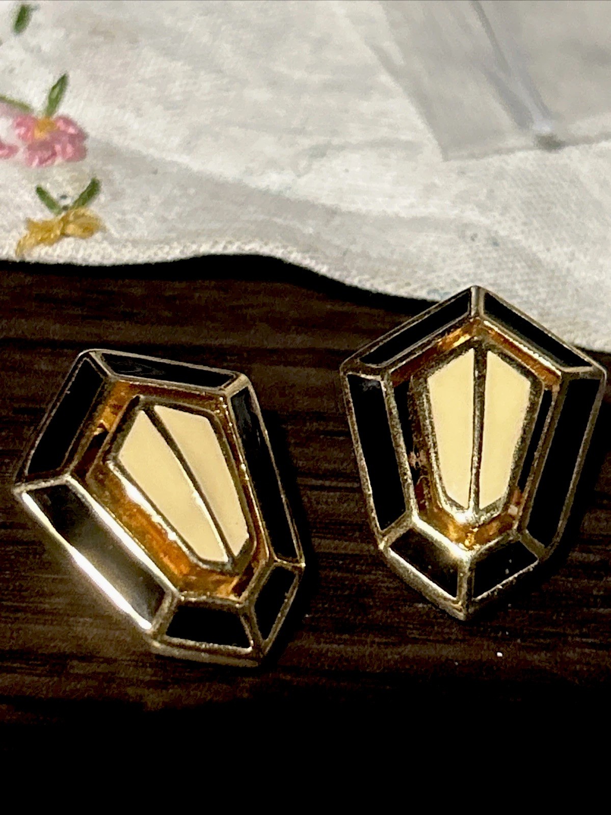 Vintage Signed Christian Dior Black Cream Enamel Open Work Clip Earrings Patent