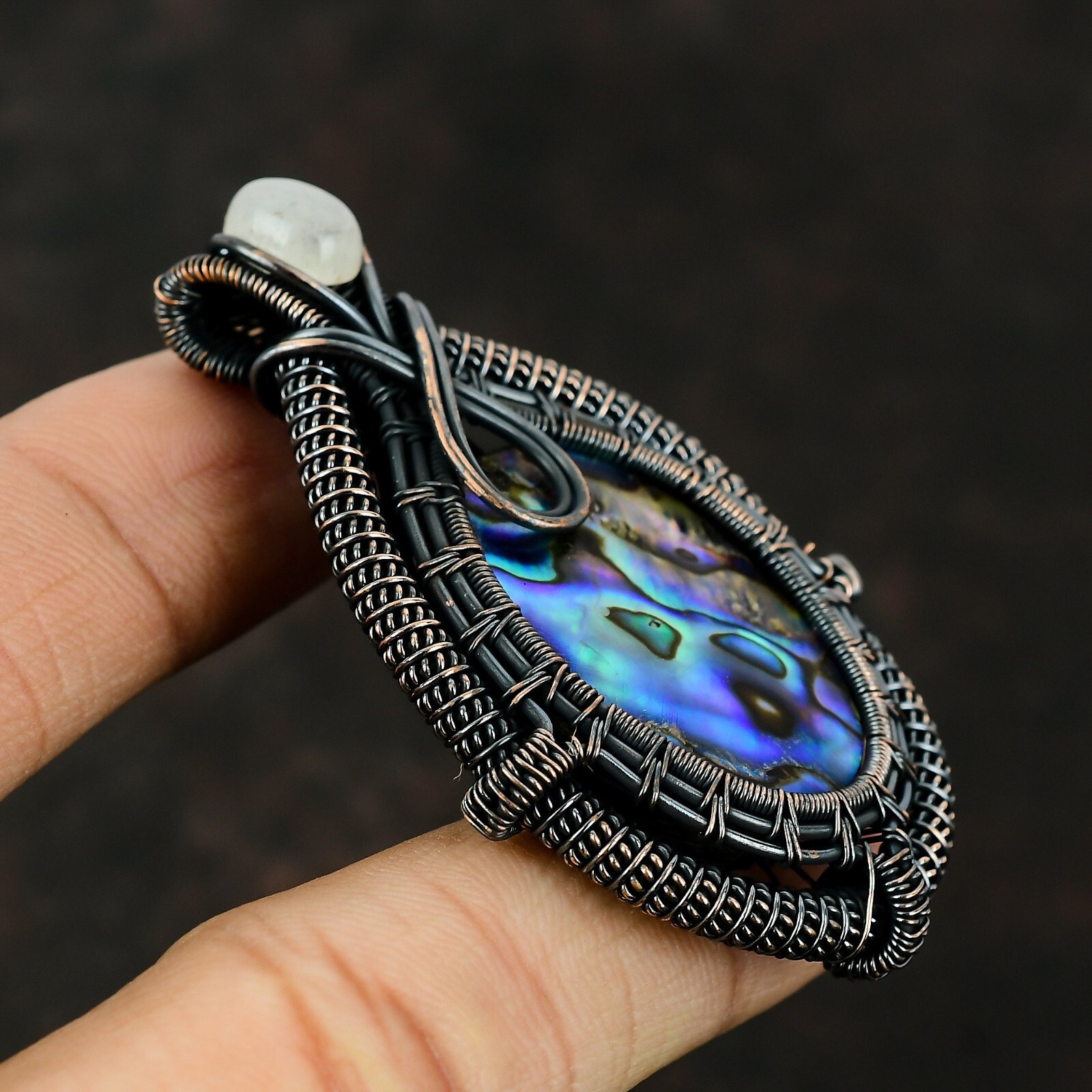 Wedding Gift For Her Copper Abalone Shell Jewelry Wire Wrapped Pendant 2.56″