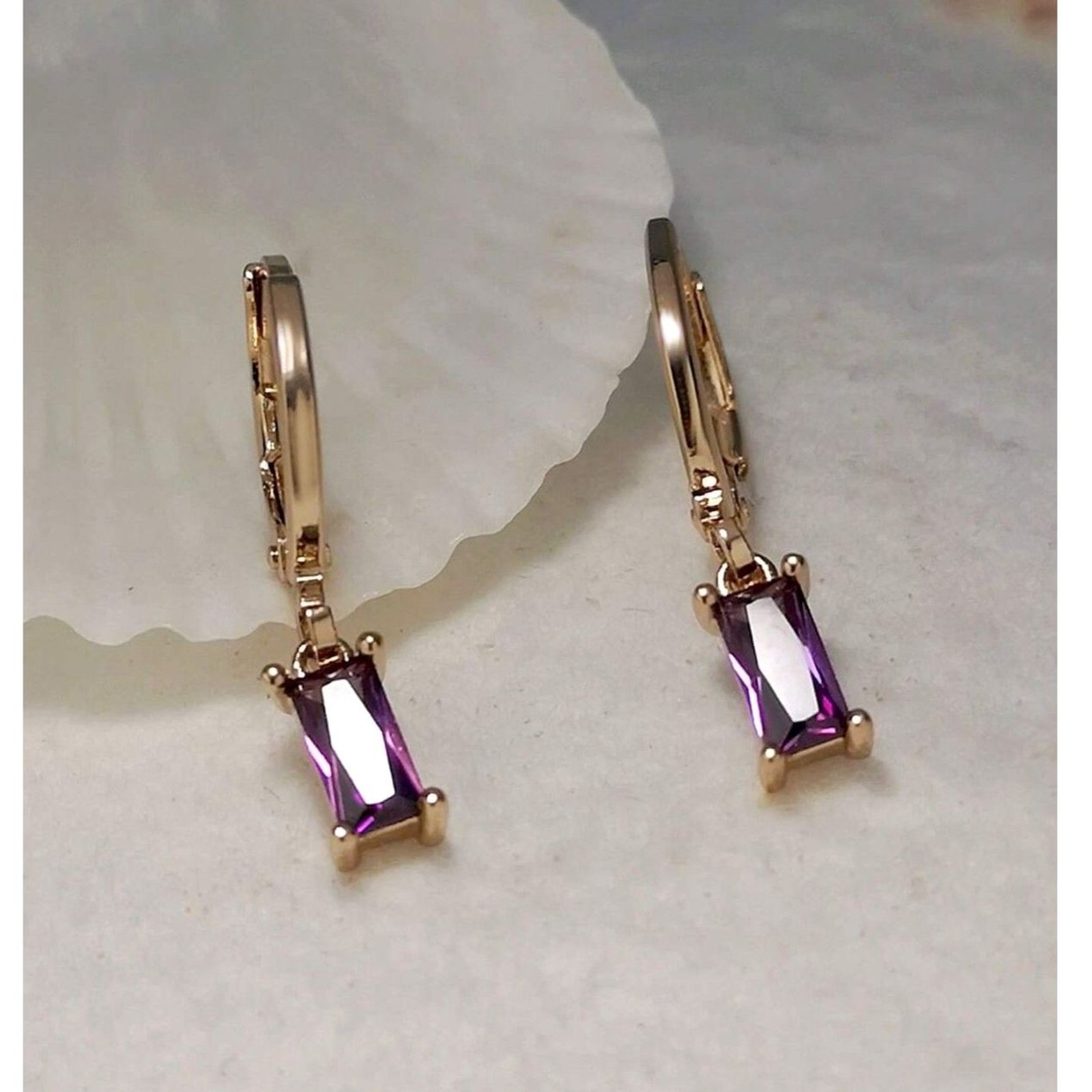 Emerald Cut Purple Zirconia Gold Hoop Earrings Dangle Pendant Drop Crystal Charm