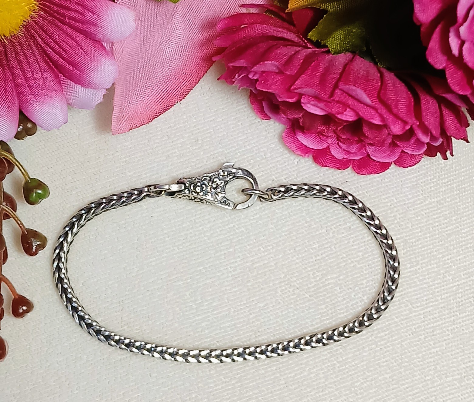 TROLLBEADS Denmark Lace Flower Sterling Silver Foxtail Bracelet~ 7-1/2″ Retired
