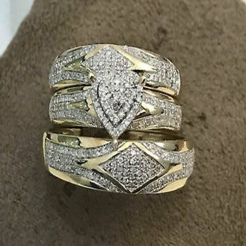 3.00 CT Simulated Diamond Wedding Trio His & Her Ring Set 14K Yellow Gold Plated