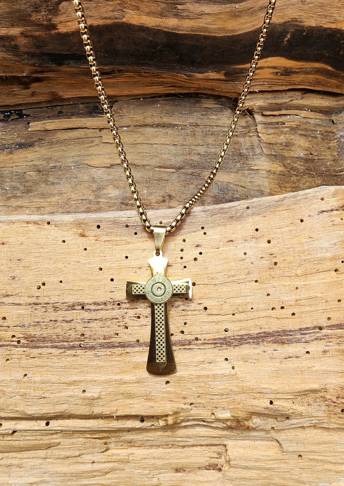 Gold Stainless Steel Cross Necklace with 9mm Bullet. Optional Crystal.