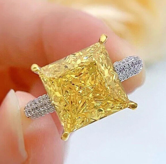 6.40 Ct Certified Princess Cut Natural Yellow Diamond Ring White Gold Finish