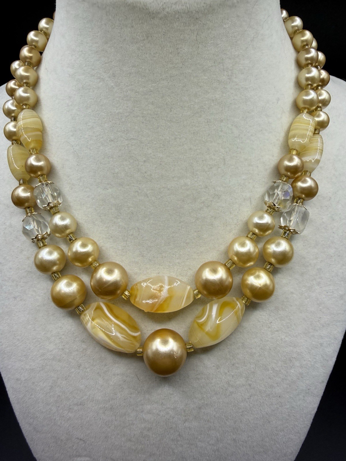 Vintage Unsigned Glass Bow Pearl Double Strand Necklace 50s Japan