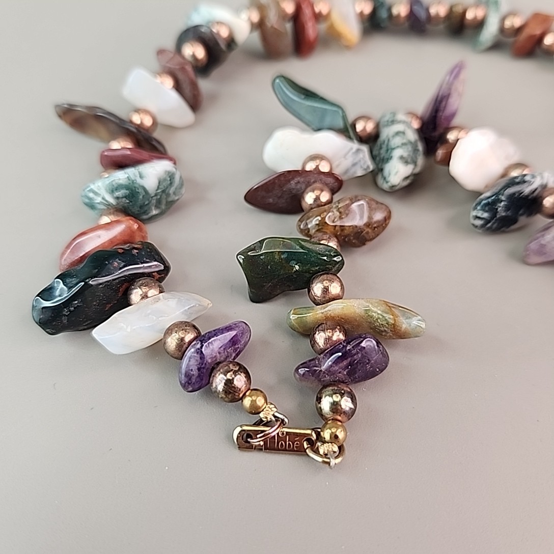 Vintage Hobe Stone Necklace Chunky Green Earth Tones 19″