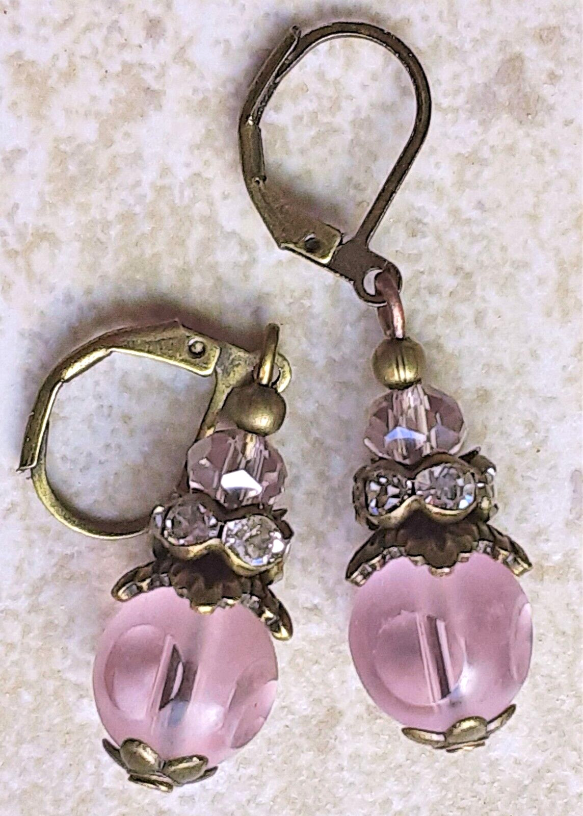 PINK FROSTED Window Cut CRYSTAL drops earring BRONZE LEVERBACK handcrafted XX