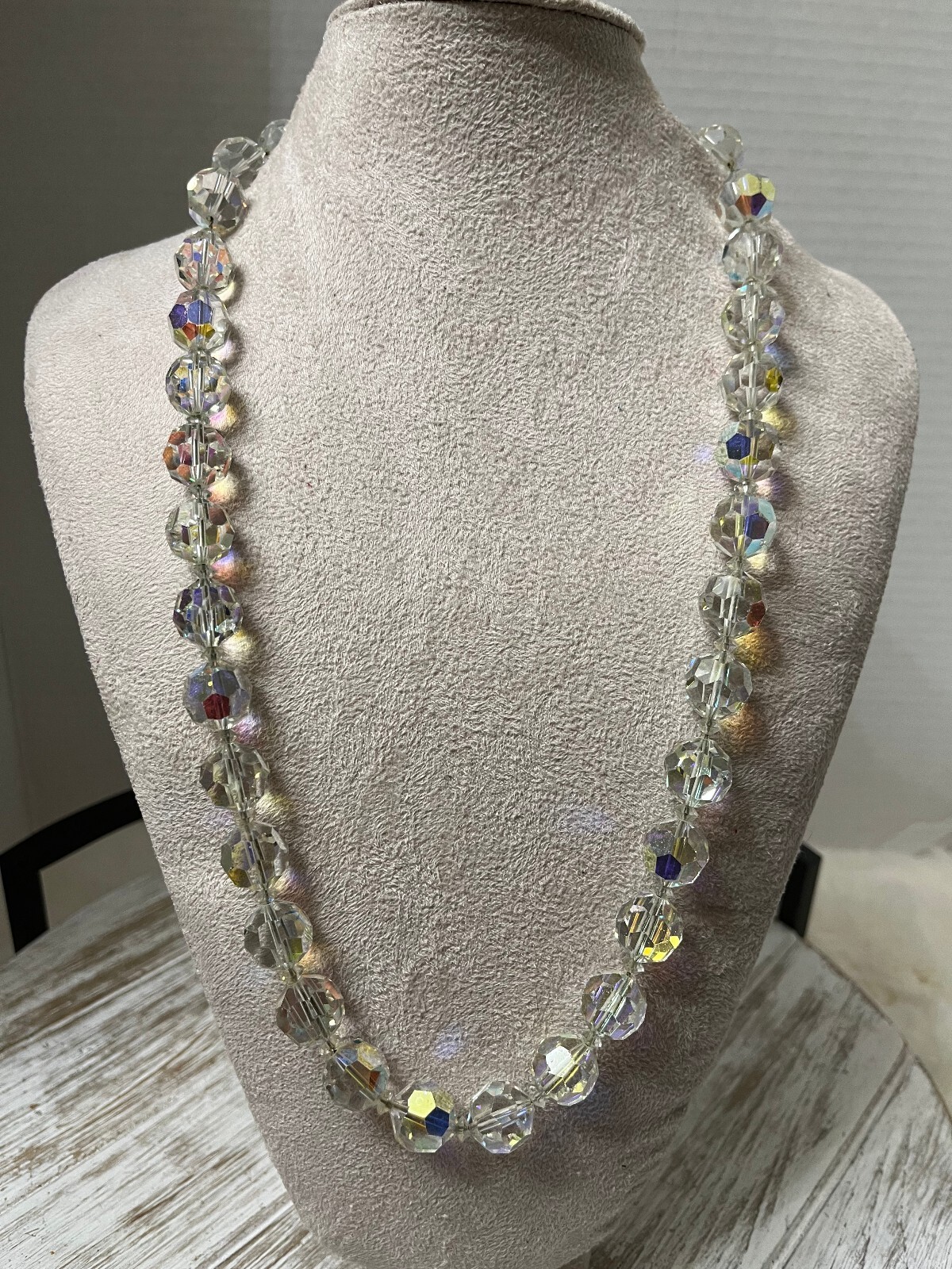 Vintage Clear Faceted Crystal AB Bead Necklace with Silver Barrel Clasp