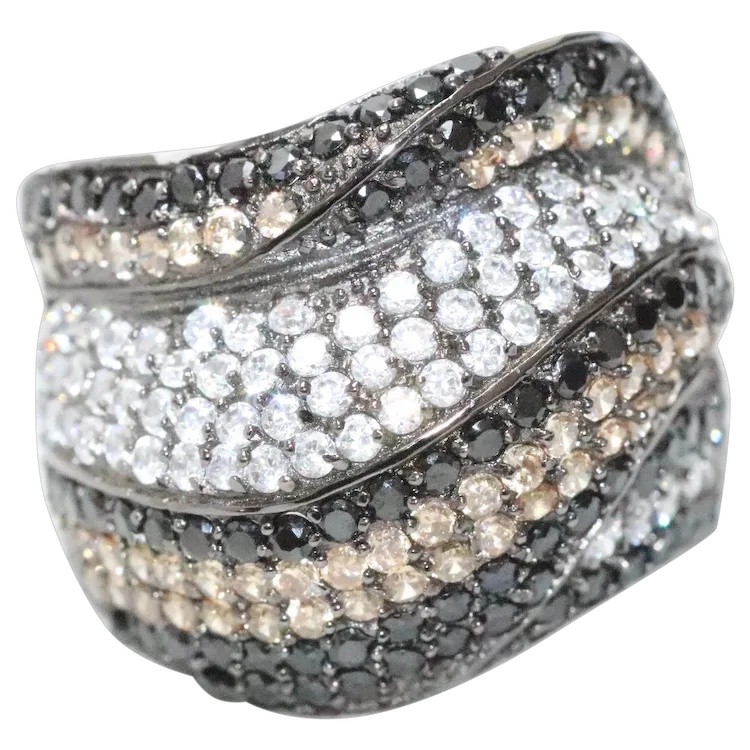 Sterling Silver Black White And Tan Cubic Zirconia Wavy Ring