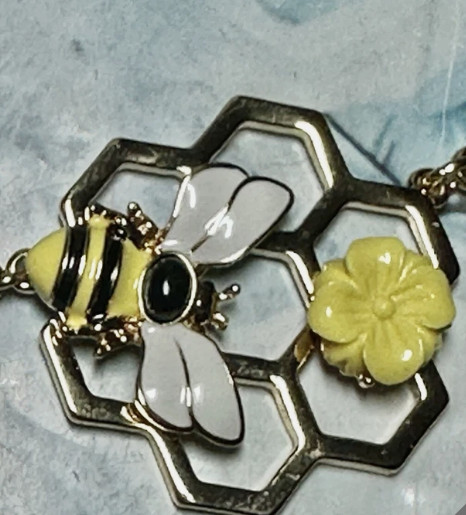 Gold Tone Enamel Bumble Bee & Honey Comb Yellow Flower Necklace, Signed Talbots
