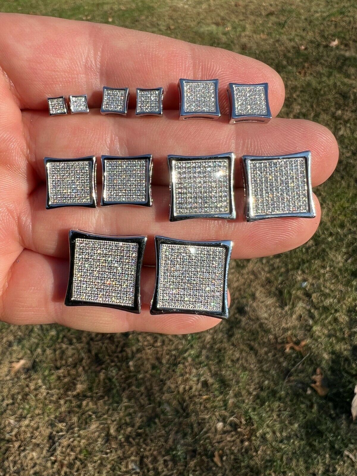 Real 925 Silver Iced CZ Screwback Square Kite Earrings 4mm-18mm Mens Ladies