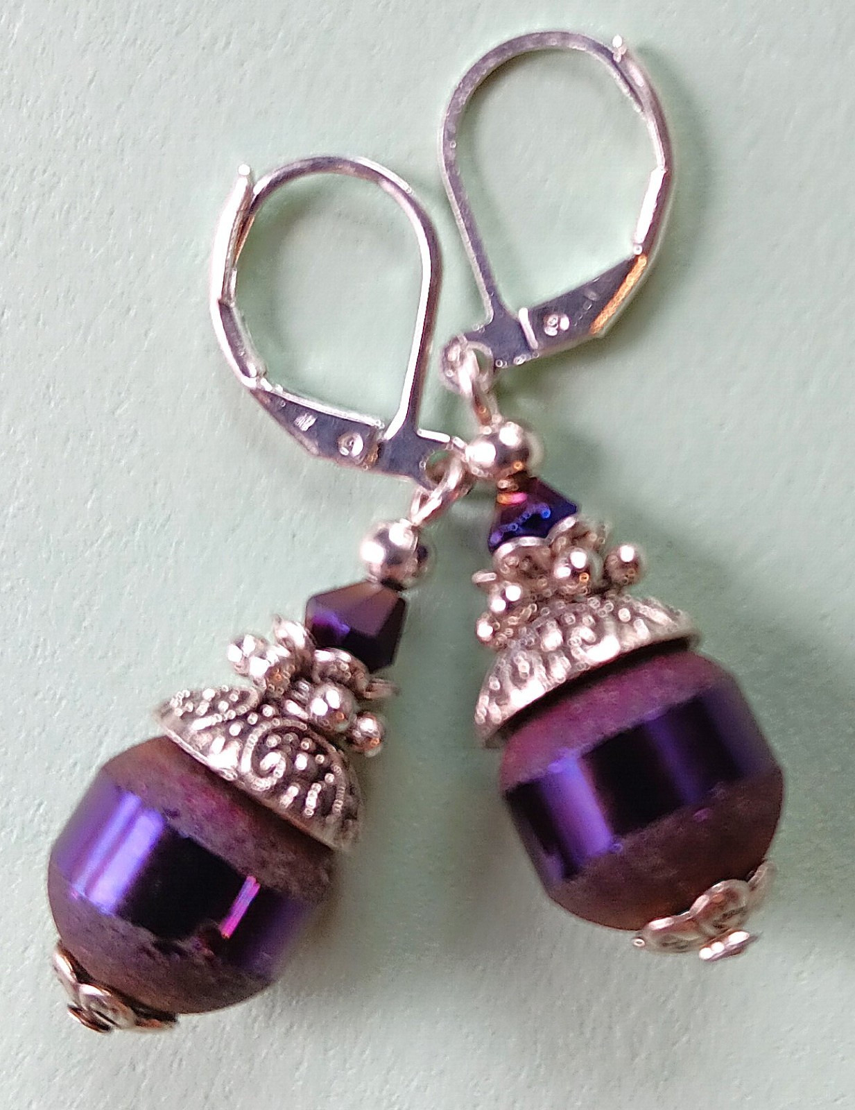 PURPLE frosted CRYSTAL earring SP LEVERBACK handcrafted #XSP-b