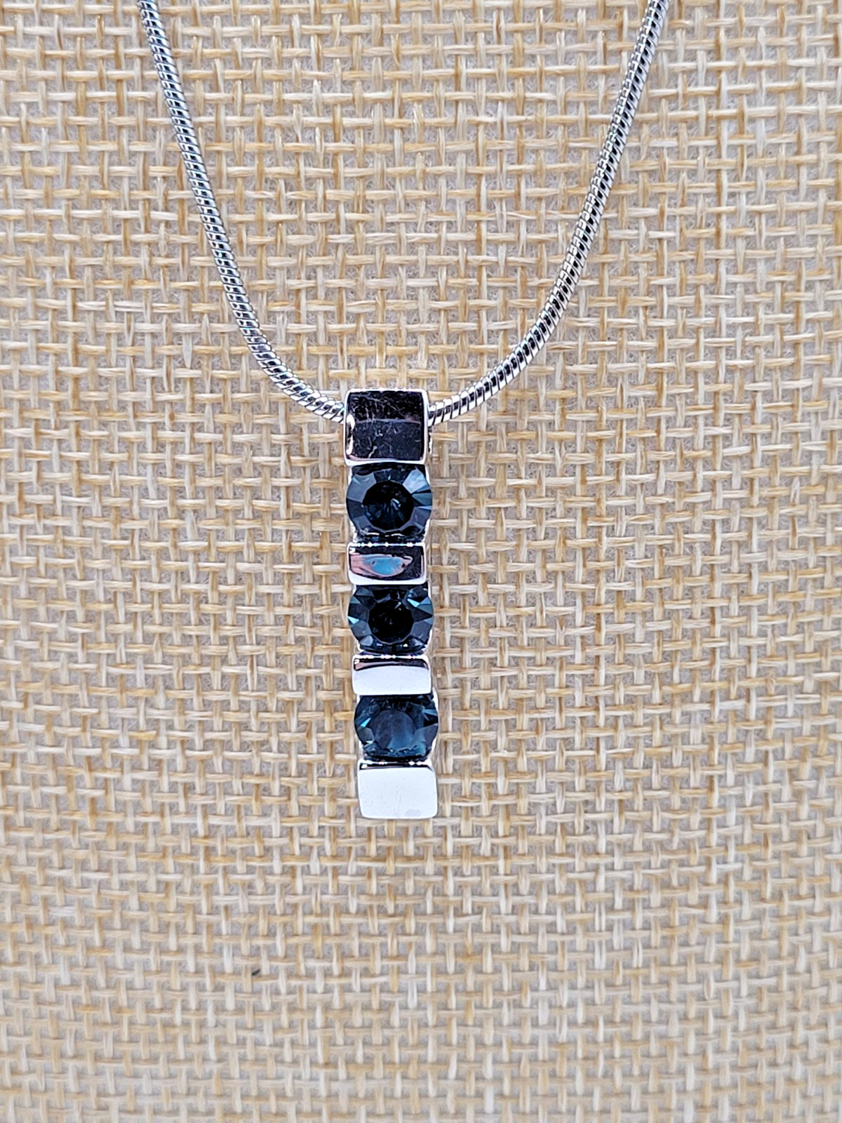 3 Bar Necklace Faux Sapphire Blue Silvertone Setting 16″ to 18″ Y2K