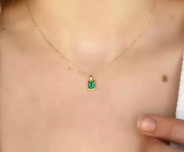 2Ct Emerald Cut Natural Green Emerald Solitaire Pendant 14K Yellow Gold Plated