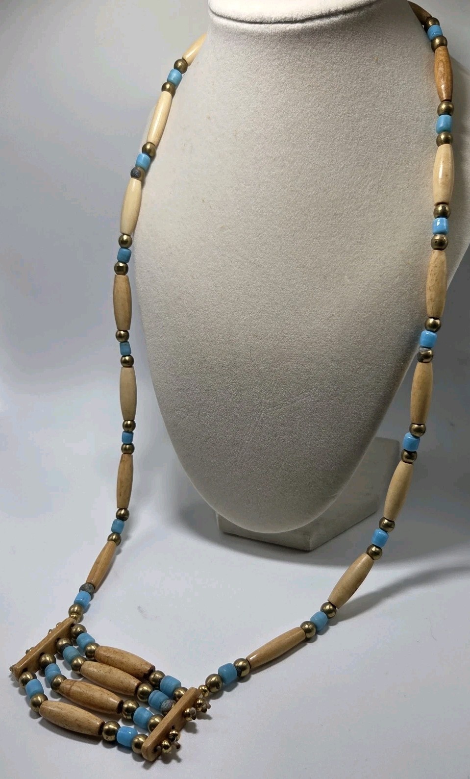 Vintage Necklace Bone, Blue Glass? & Brass? Beads Native American Style Long