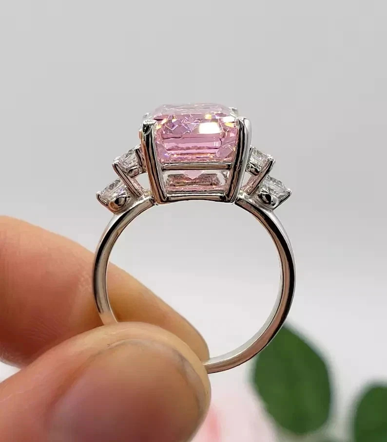 8Ct Emerald Cut Natural Pink Sapphire Diamond Wedding Ring 14K White Gold Plated