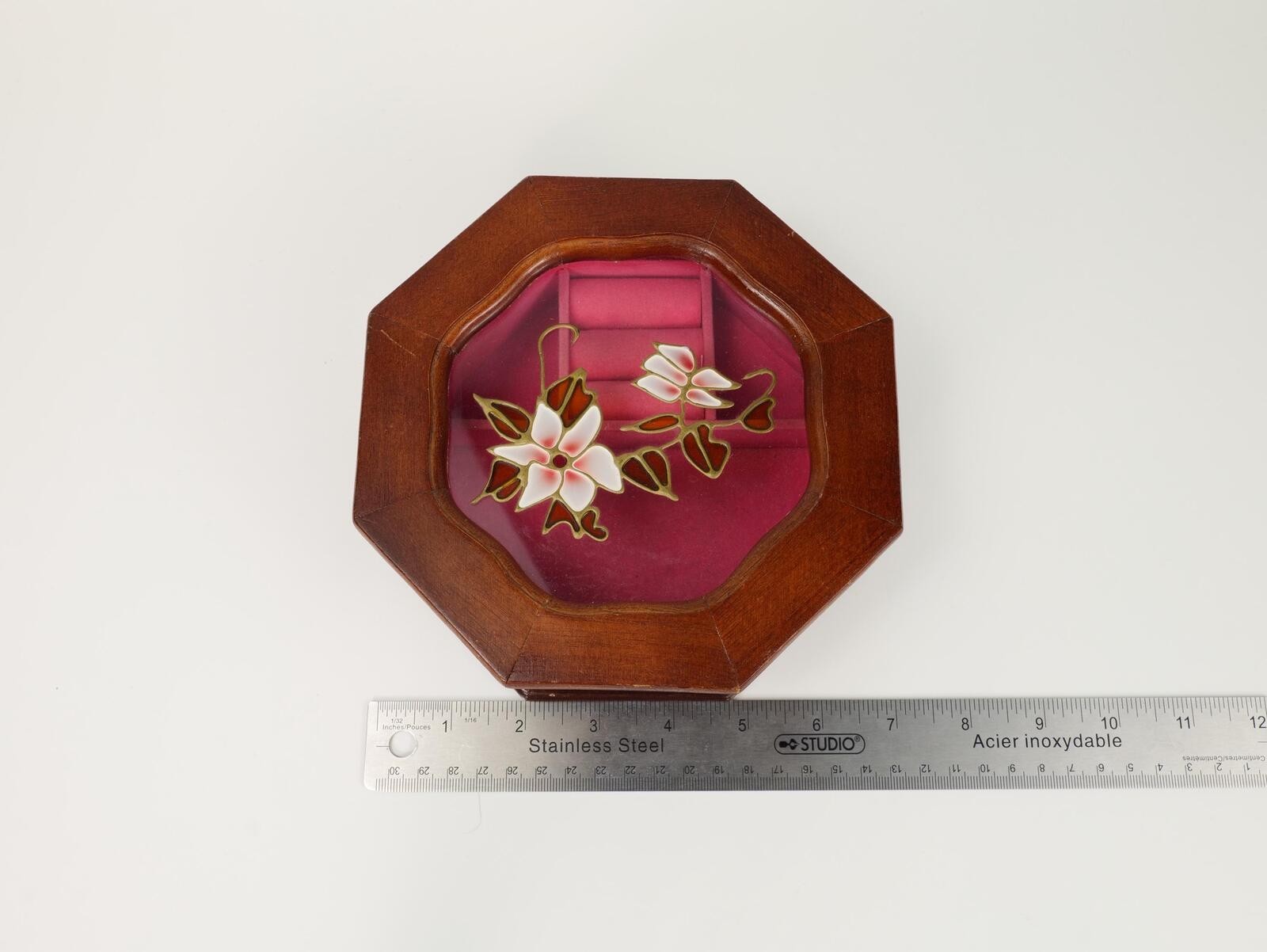 Vintage Octagonal Wood Jewelry Box with Floral Glass Top and Pink Velvet Lining