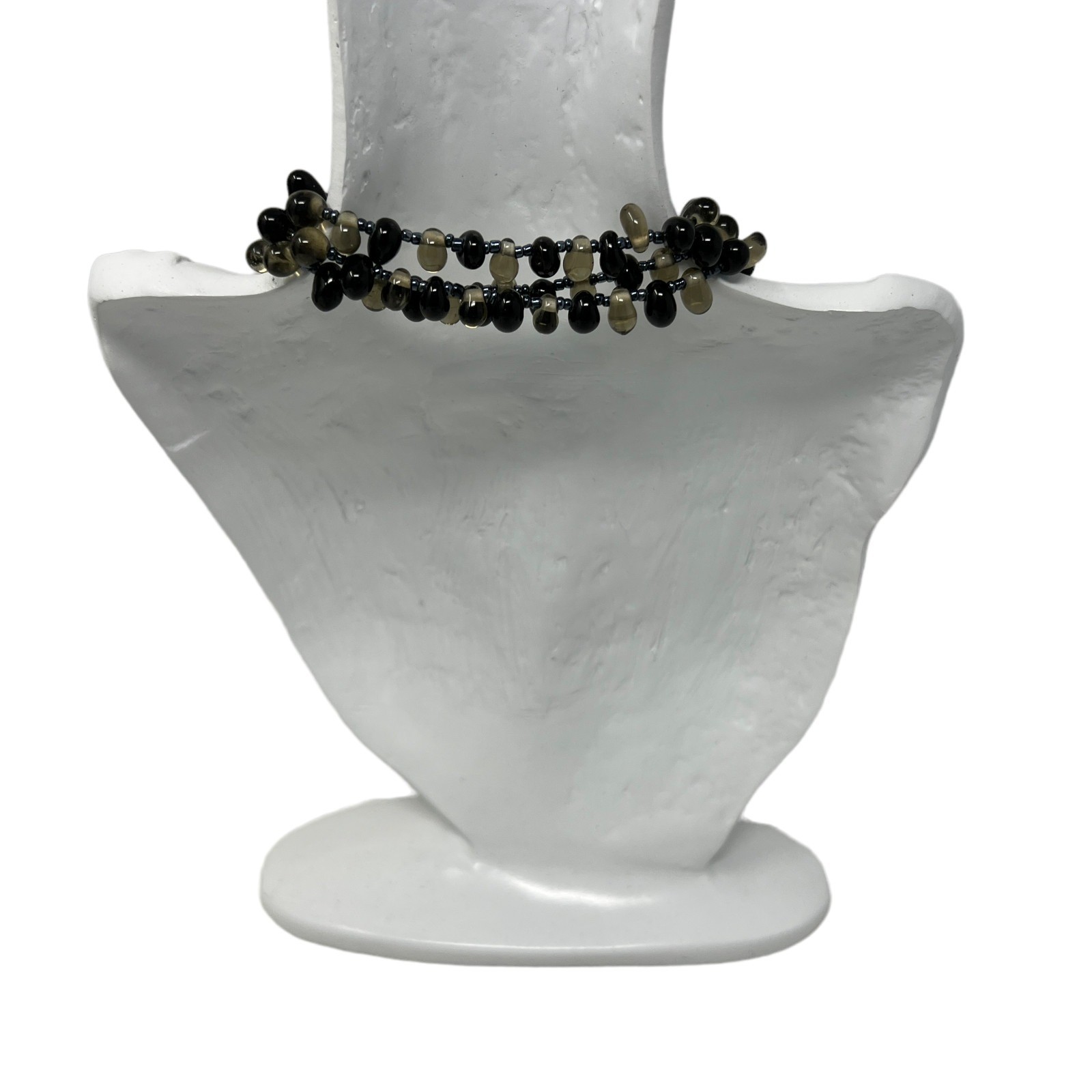 Glass Bead Necklace Black Clear Offset Beads Seed Vintage 48 inch