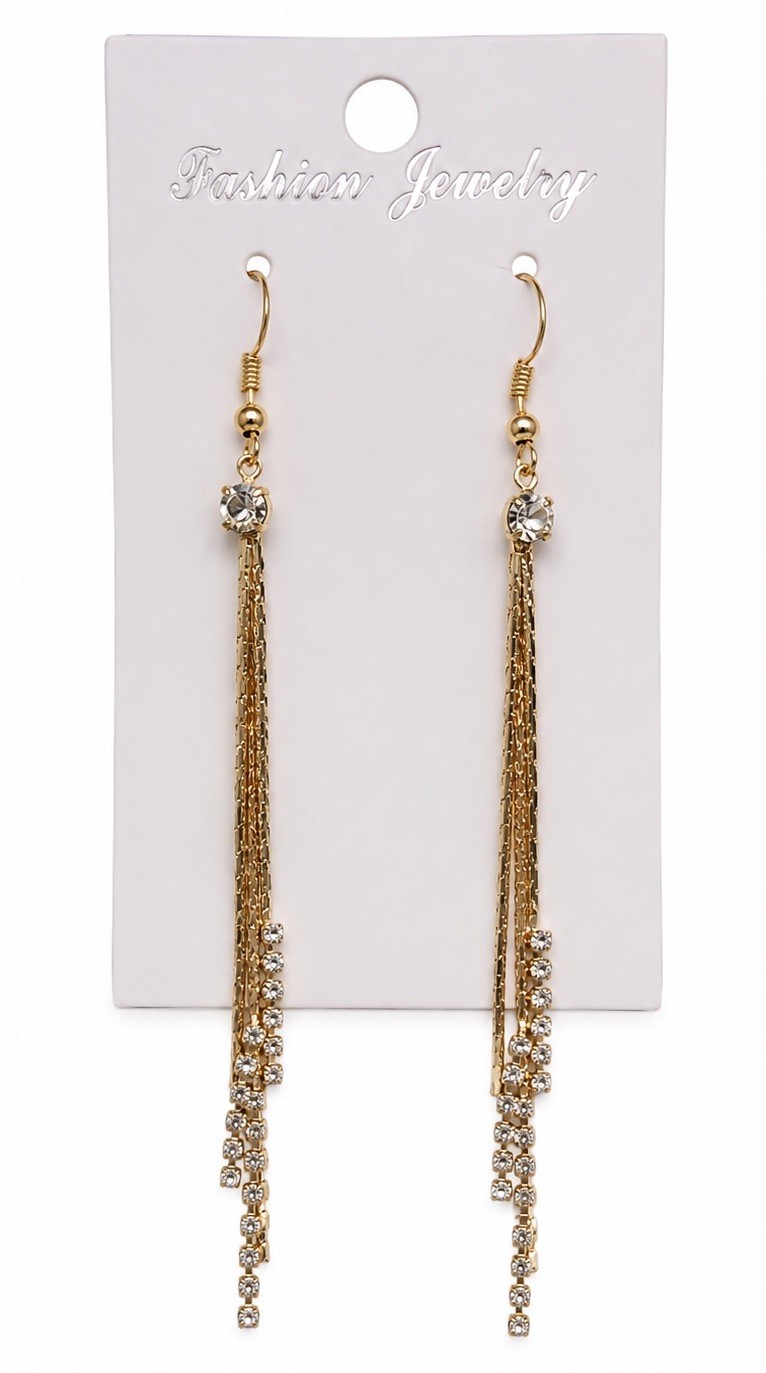Gold Rhinestone Tassel Dangle Earrings Long Drop Bridal Gift Box Included