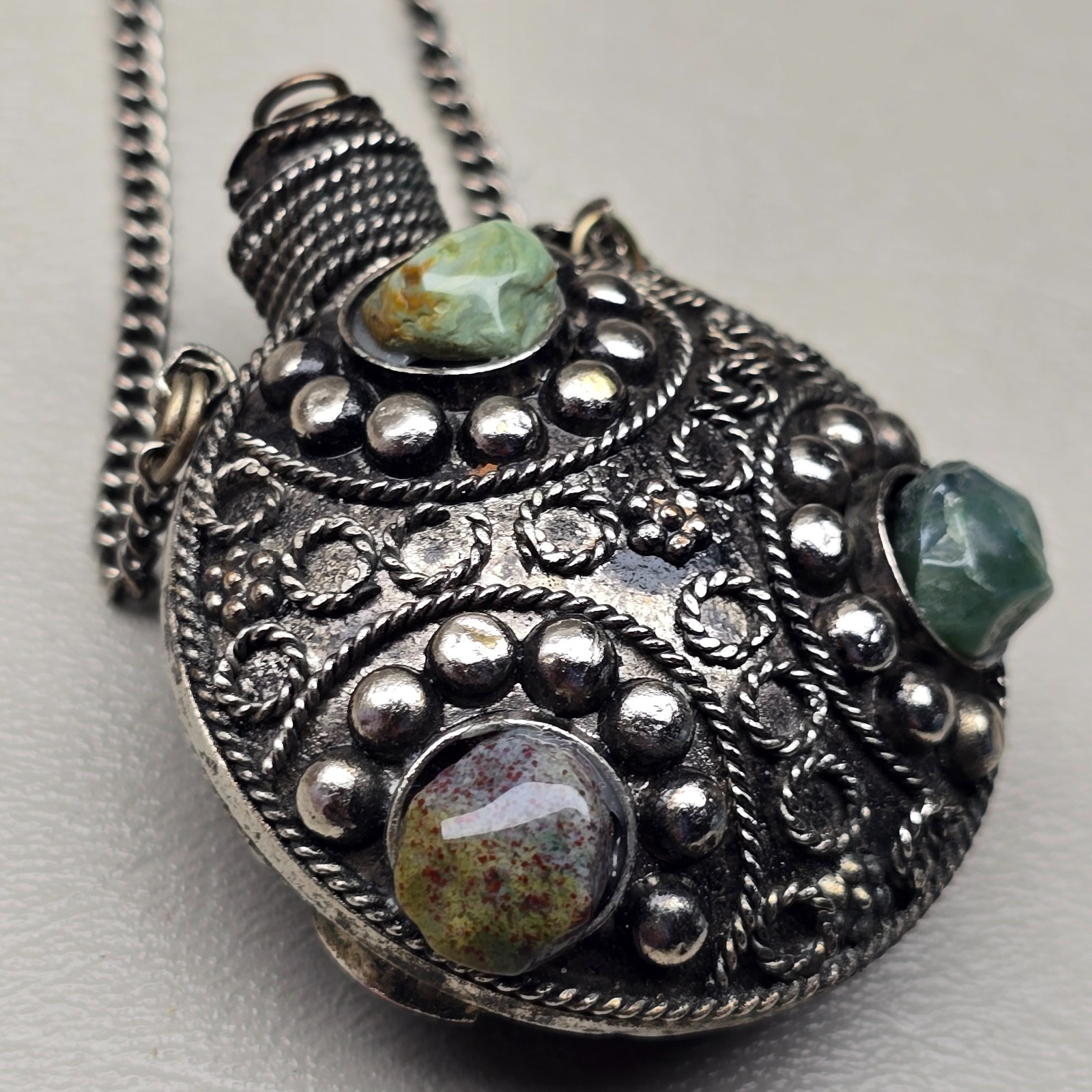 Vintage Perfume Bottle Necklace Filigree Statement Silver Tone 30in READ