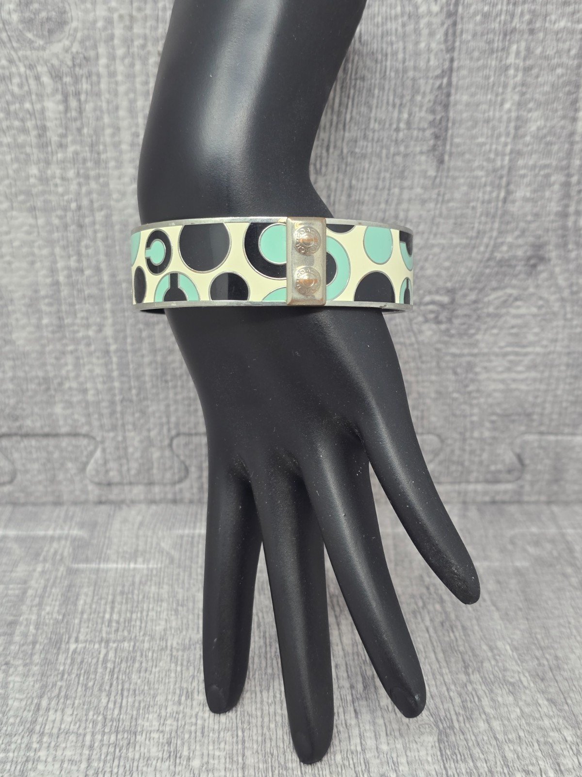Coach Bangle Bracelet Enamel Black White Green Silver Tone