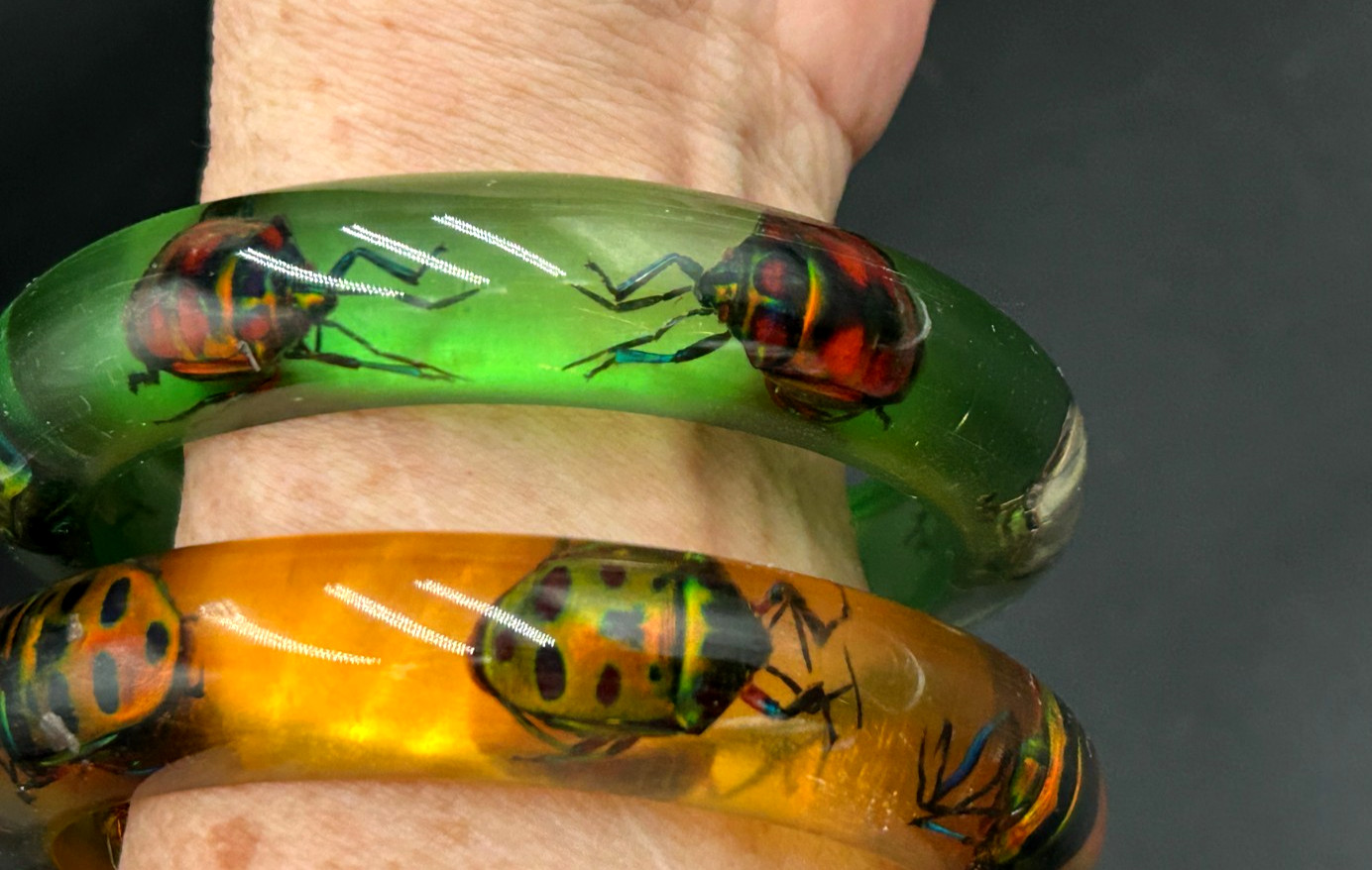 2 Vintage Resin Lucite Jewel Bettle Bangle Bracelets from Philippines Green Yell