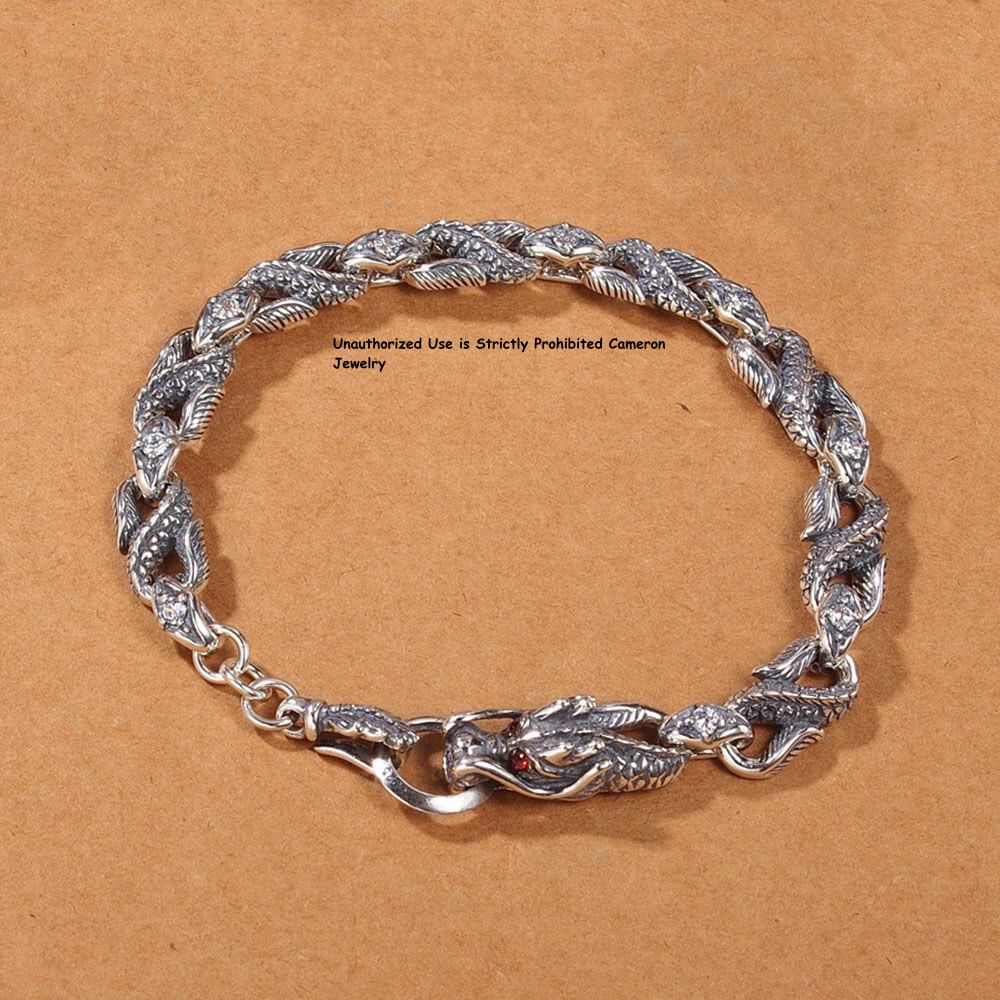 Pure S925 Sterling Silver Chain Men Women 4mm Dragon Link Bracelet 7.1-7.9in