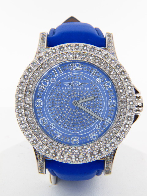 King Master Men’s CZ Stone Silver-tone Stainless Steel Leather Watch