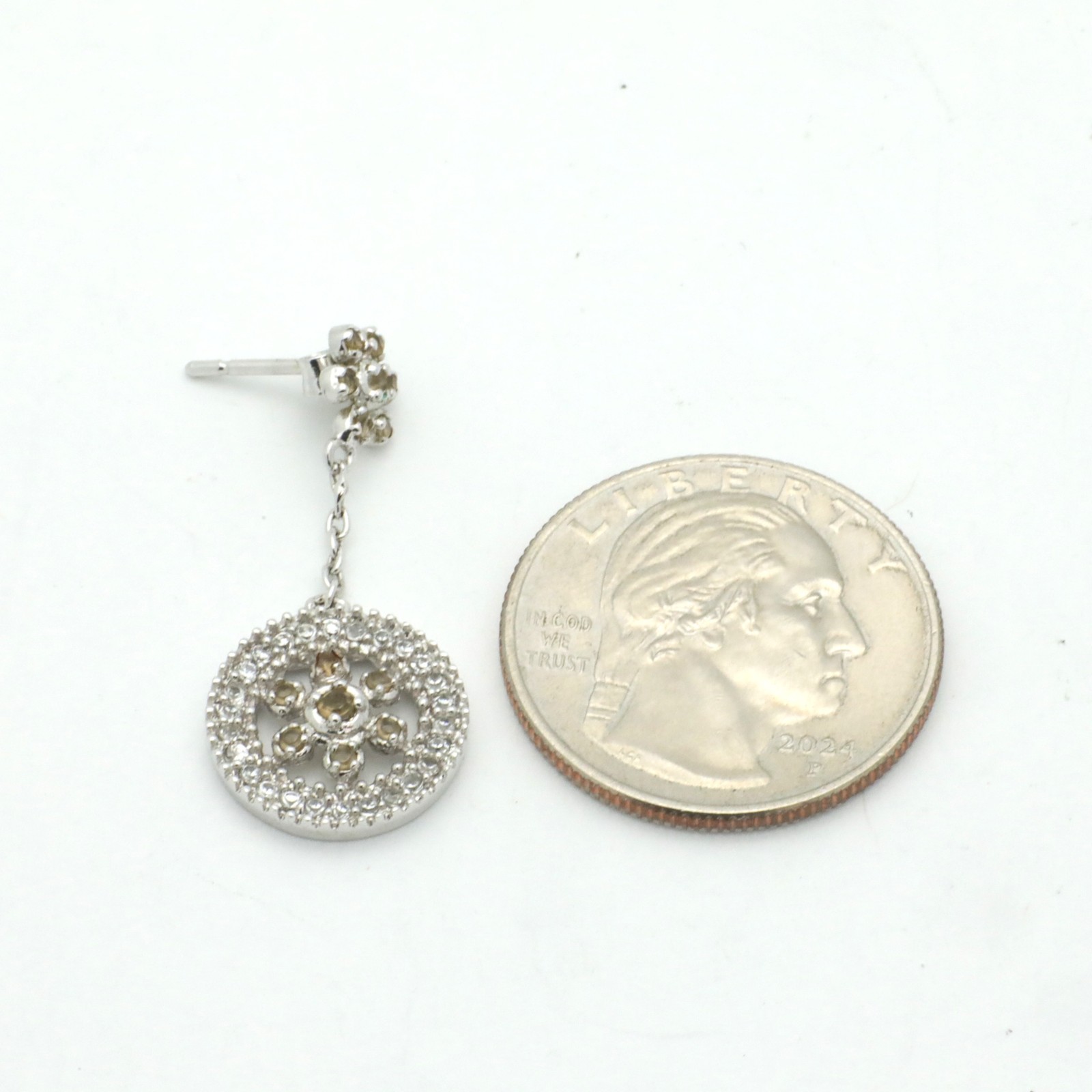Vintage 1960s Sterling Silver Clear & Yellow Cubic Zirconia Drop Earrings-1.2” L