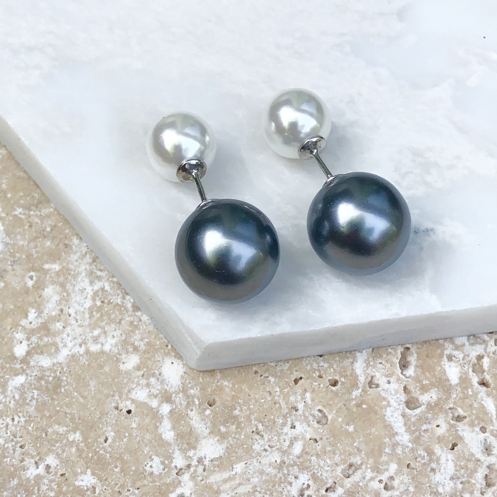 Sterling Silver Double Ended Gray White Pearl Ball Earrings Interchangeable NEW