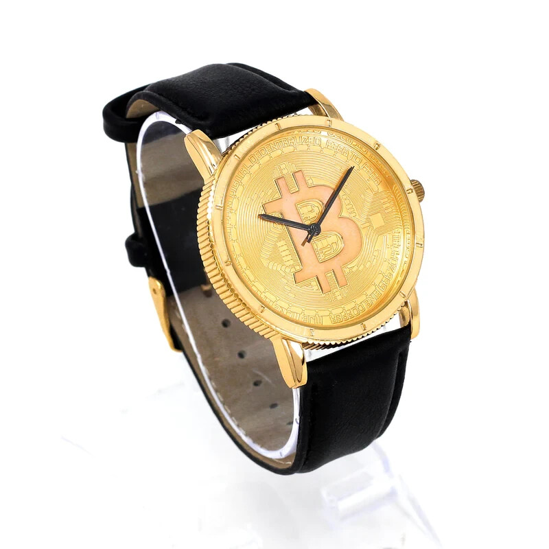Men’s Iced BITCOIN Dial Hip Hop Gold PT Leather Band Fashion Urban Style Watch
