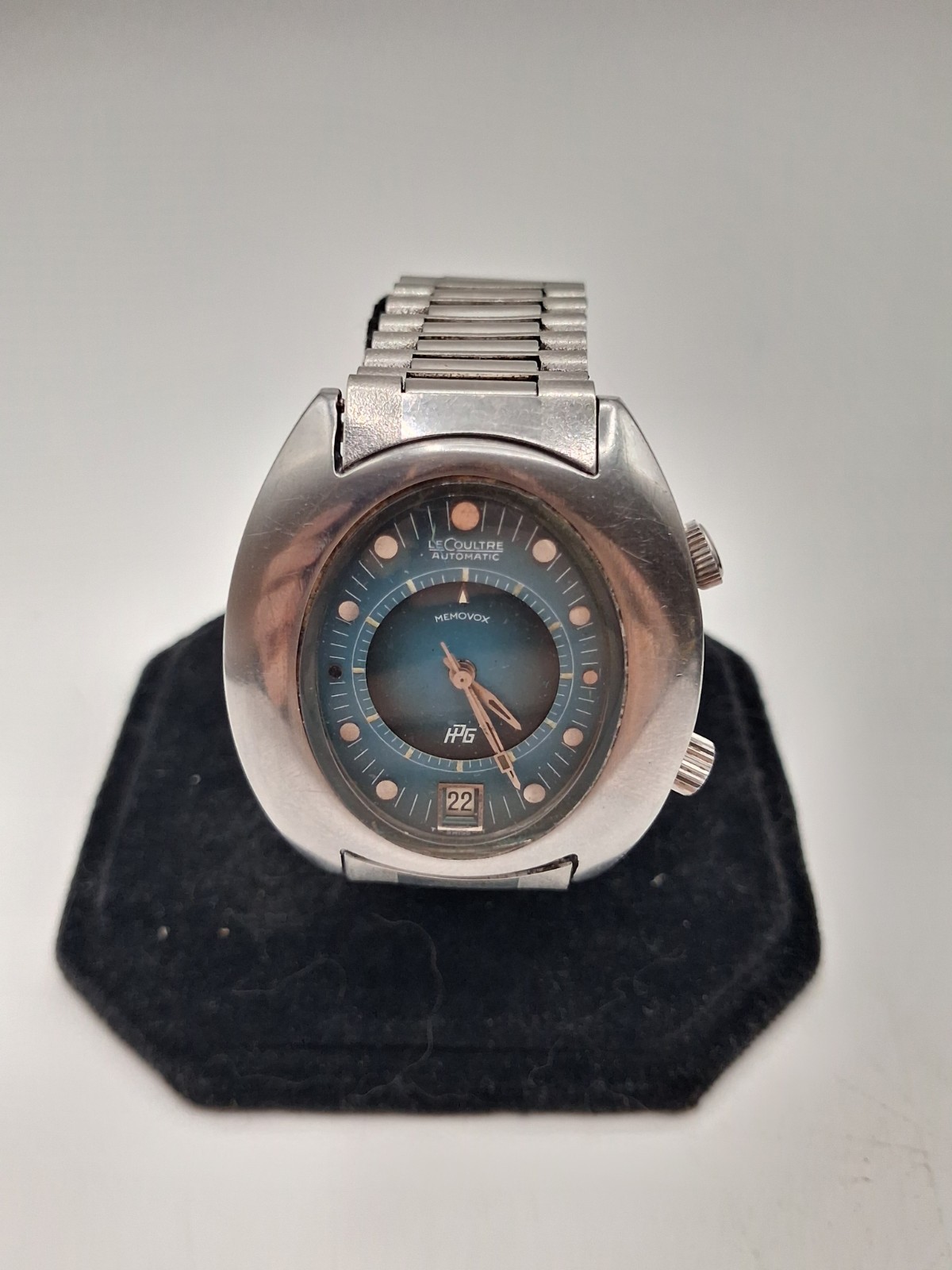 1970s Le Coultre Memovox “Egg” Blue Dial Stainless Steel Wristwatch
