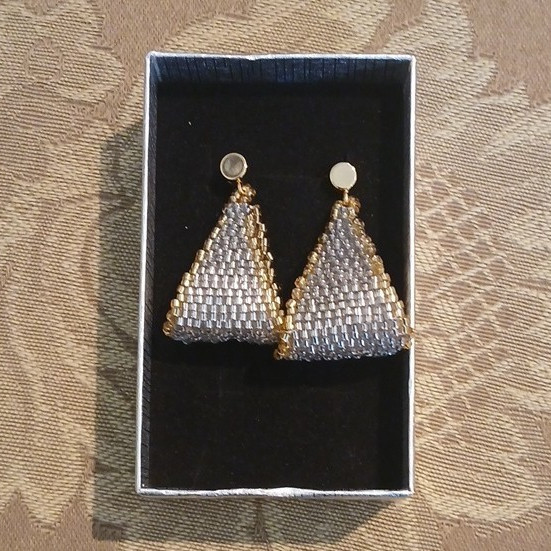 Gold & Silver Tone Triangle Dangle Earrings Clear Crystal Baguette Screw Back