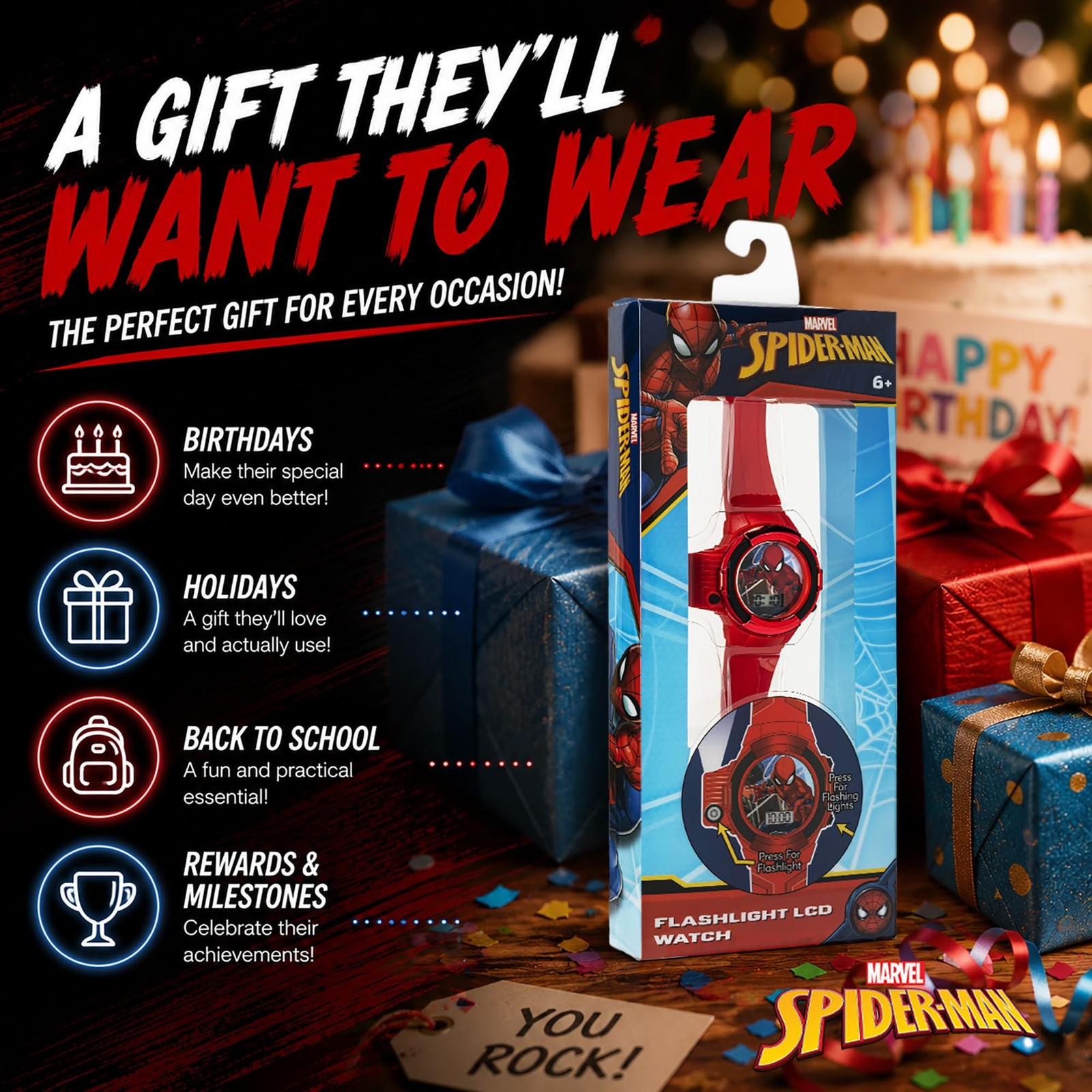 Marvel Spider-Man Flashlight Watch for Kids – Light-Up Fun with LCD Display, LED