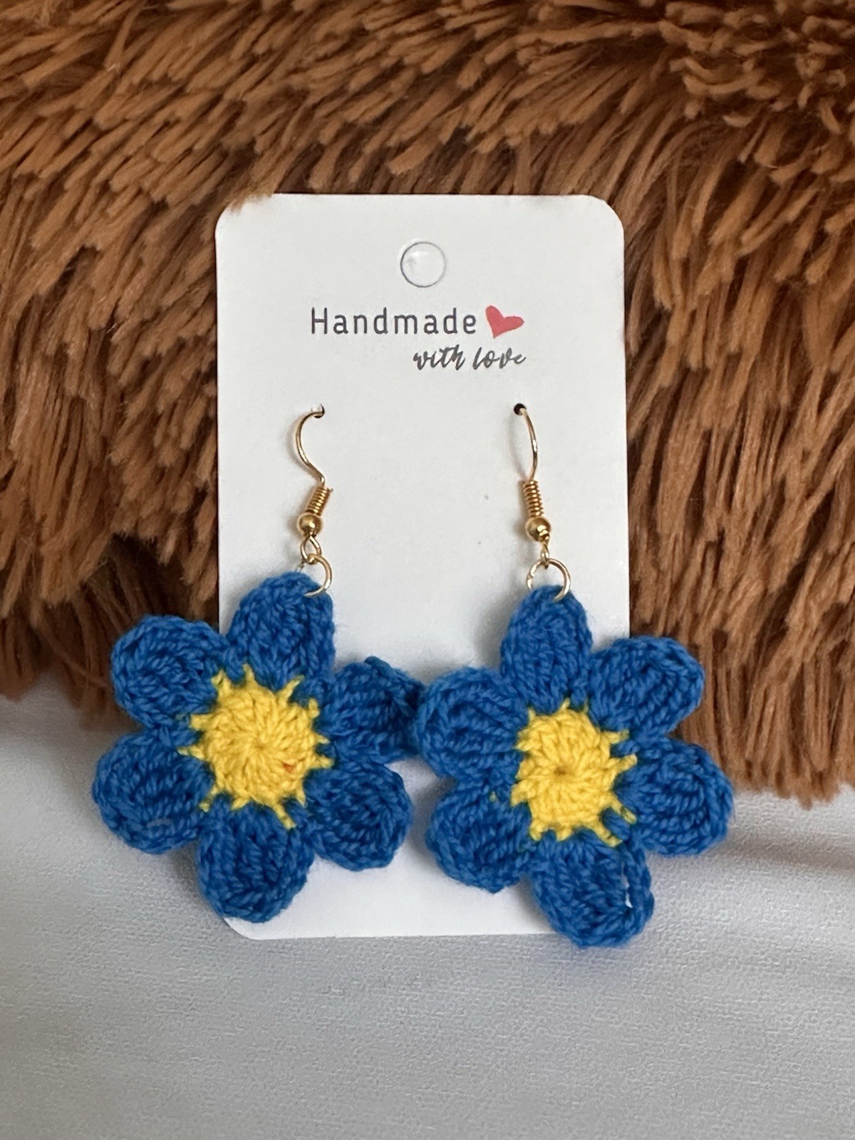 Handmade Crochet Flower Earrings – Blue& Yellow Bloom