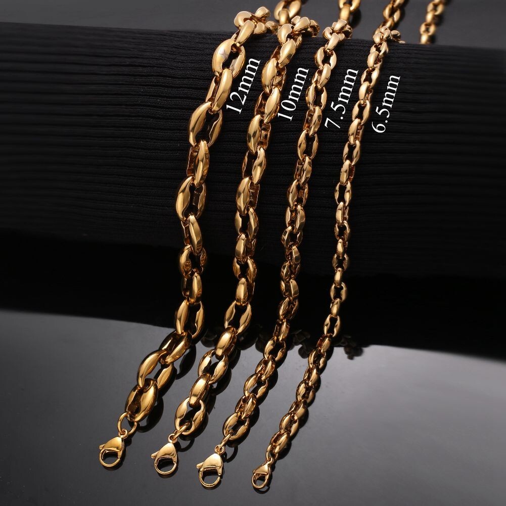 Women Men 6.5/7.5/10/12mm Gold Tone Stainless Steel Coffee Beads Chain Necklace
