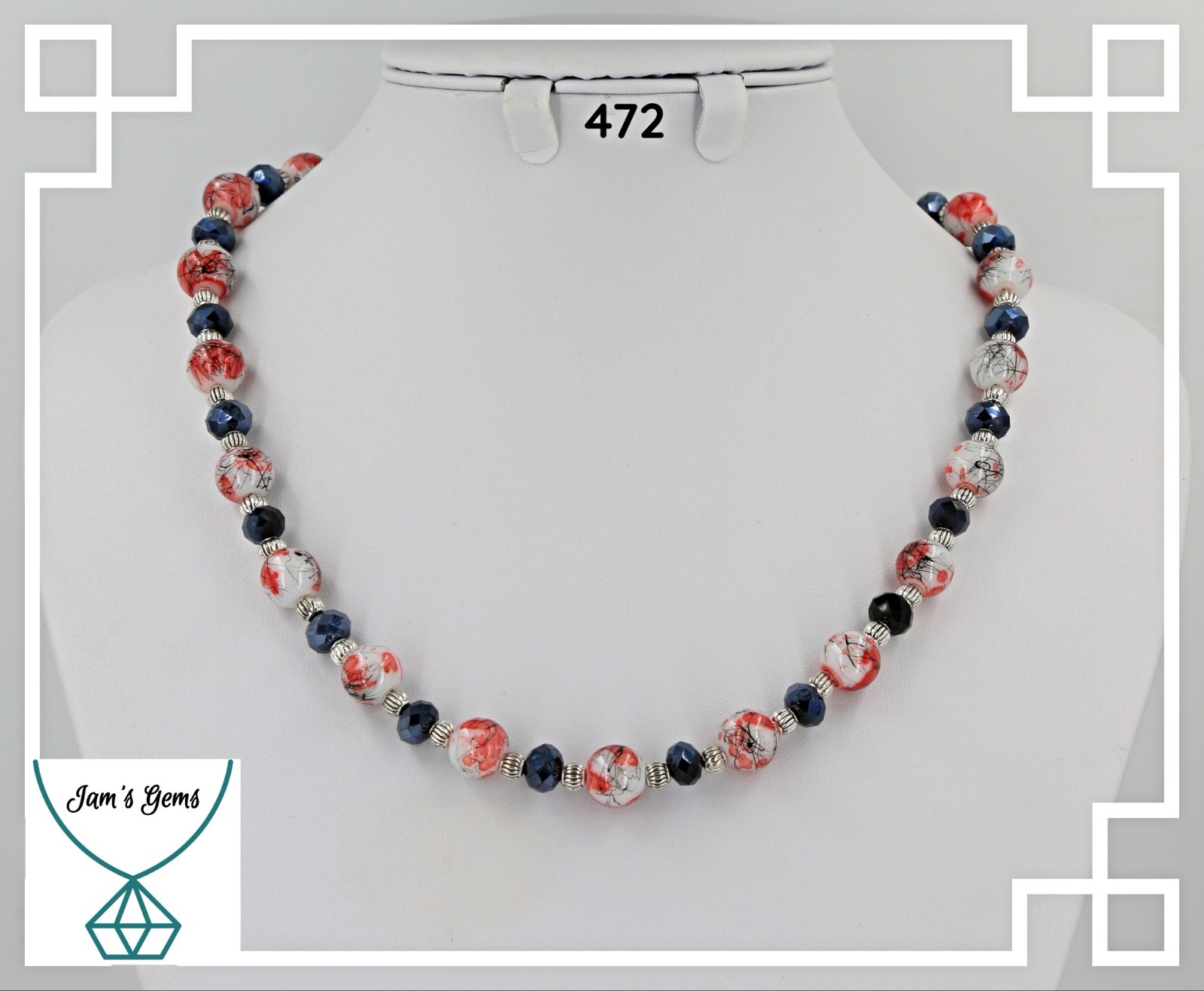 Red black white glass 10mm bead black glass crystal + silver necklace 20.5″+2