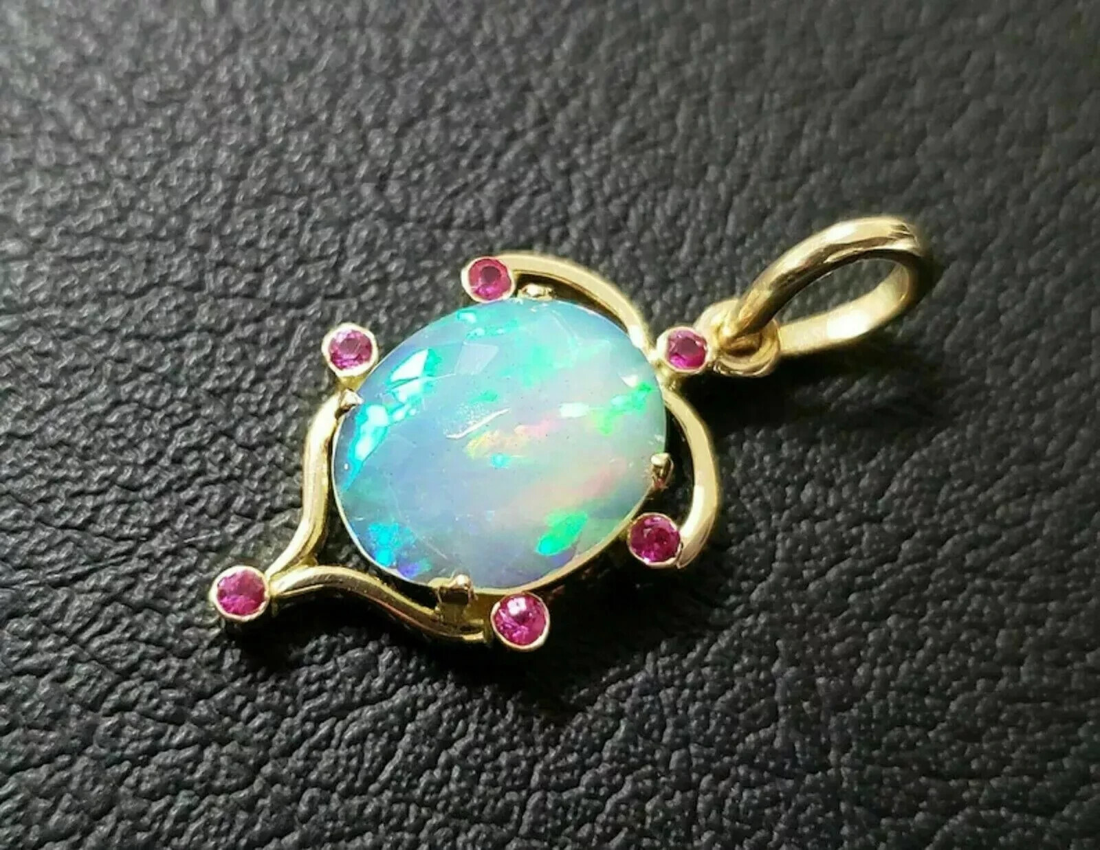 3Ct Oval Cut Opal Ruby Lab Created Pendant With Chain 14K Yellow Gold Finish