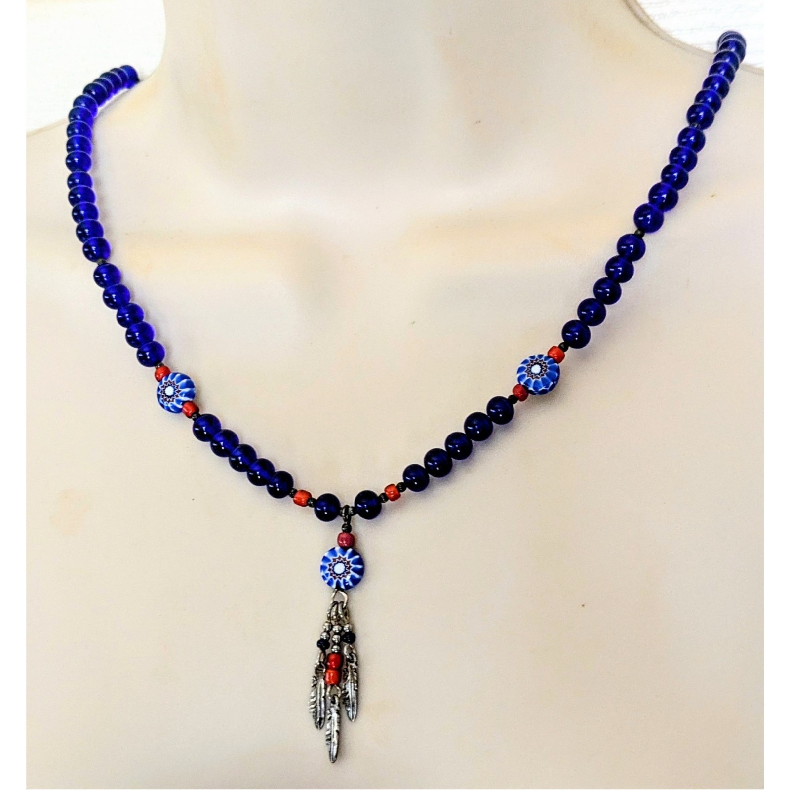 N.A. Style Sterling Silver Cobalt Blue Beaded Feather Pendant Necklace 23.5″