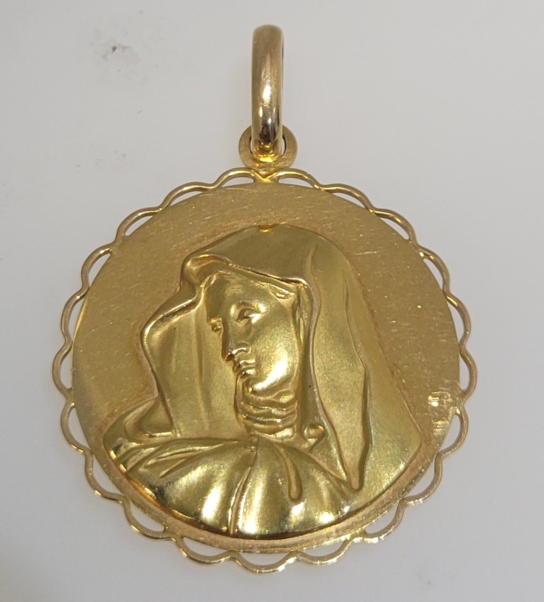 Large 18k Solid yellow Gold Blessed Virgin Mary Jesus’s Mother Religious Pendant