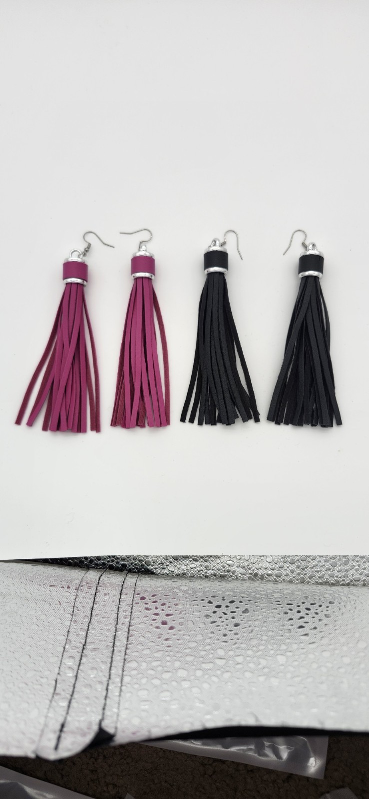 2 Pair Faux Leather Tassel Dangle/Drop Hook Earrings Set, Pink & Black