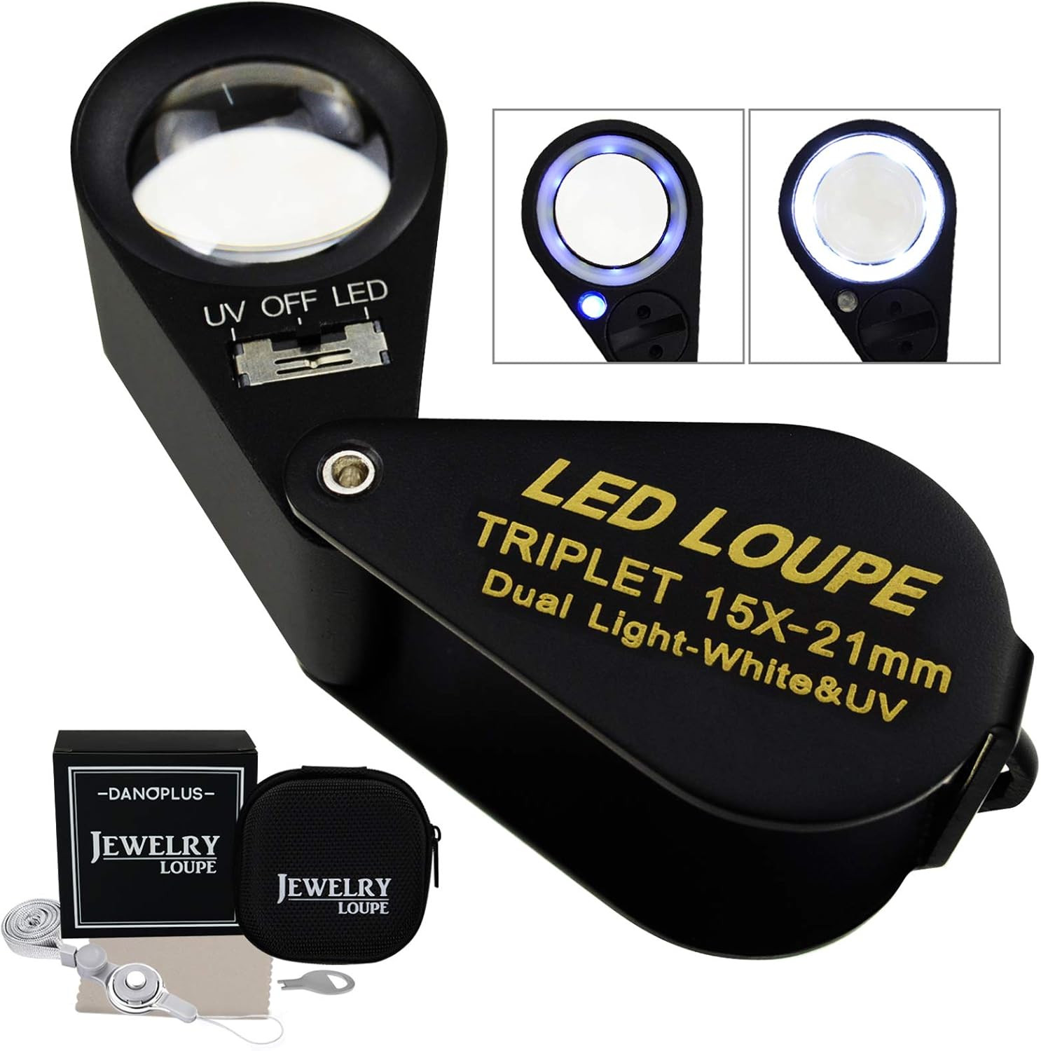 15X Magnifier Jewelry Loupe LED UV 21Mm Triplet Lens Optical Glass Pocket Gem